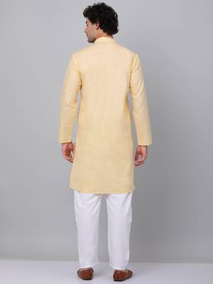 Men yellow linen solid kurta with pyjamas 3