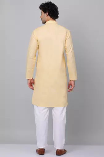 Men yellow linen solid kurta with pyjamas
