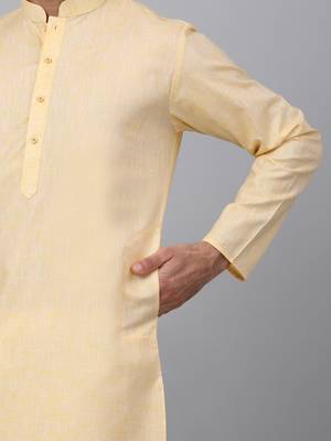 Men yellow linen solid kurta with pyjamas 4
