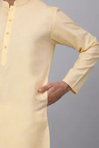 Men yellow linen solid kurta with pyjamas