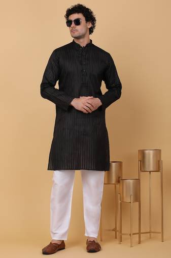 Men black stripes pure cotton kurta with pyjamas