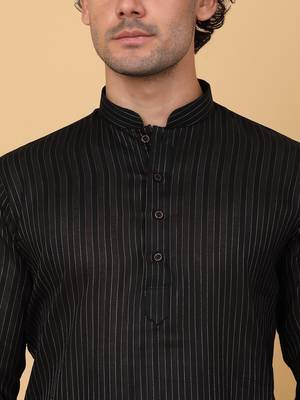 Men black stripes pure cotton kurta with pyjamas 2