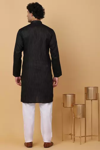 Men black stripes pure cotton kurta with pyjamas