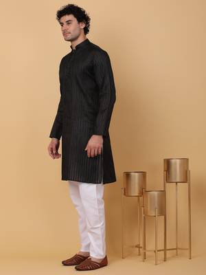Men black stripes pure cotton kurta with pyjamas 5