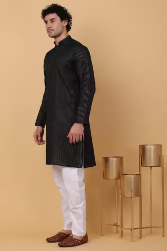 Men black stripes pure cotton kurta with pyjamas