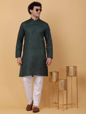 Men green stripes pure cotton kurta with pyjamas 1