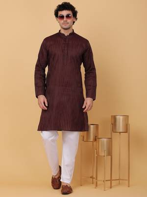 Men maroon stripes pure cotton kurta with pyjamas 1