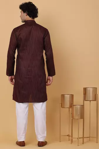 Men maroon stripes pure cotton kurta with pyjamas