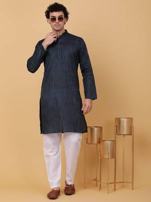 Men navy blue stripes pure cotton kurta with pyjamas 1