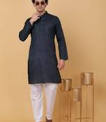 Men navy blue stripes pure cotton kurta with pyjamas