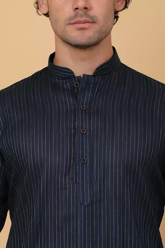 Men navy blue stripes pure cotton kurta with pyjamas