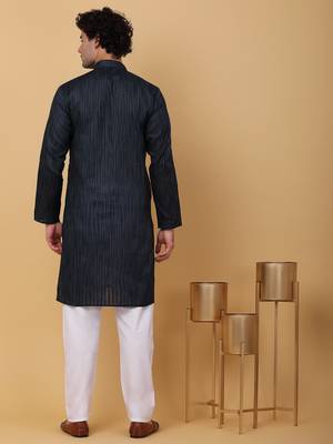 Men navy blue stripes pure cotton kurta with pyjamas 3