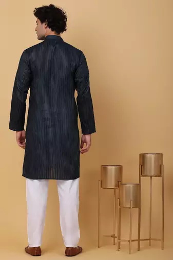 Men navy blue stripes pure cotton kurta with pyjamas