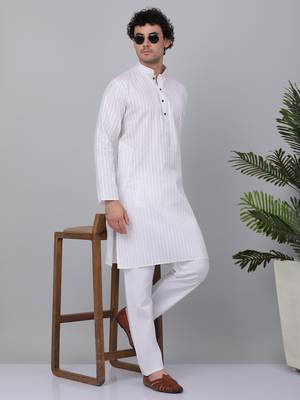 Men white stripes pure cotton kurta with pyjamas 1