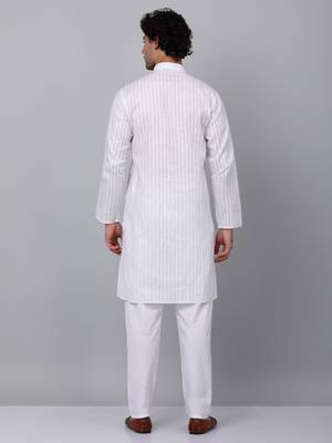 Men white stripes pure cotton kurta with pyjamas 3