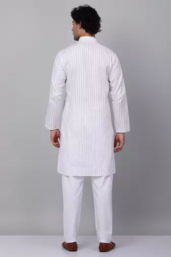 Men white stripes pure cotton kurta with pyjamas