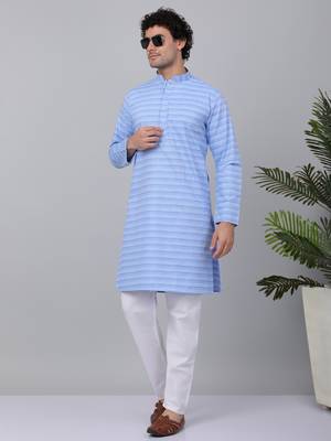 Men blue cotton striped kurta with pyjamas 1
