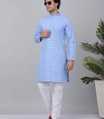 Men blue cotton striped kurta with pyjamas