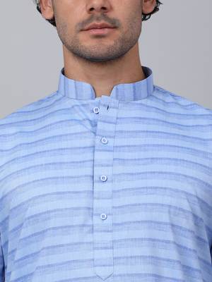 Men blue cotton striped kurta with pyjamas 2