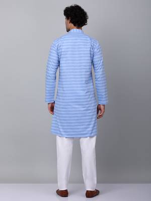Men blue cotton striped kurta with pyjamas 3