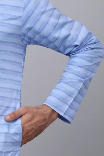Men blue cotton striped kurta with pyjamas