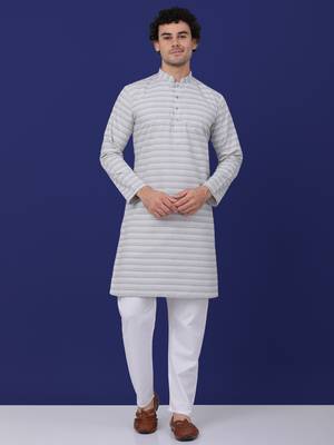 Men grey cotton striped kurta with pyjamas 1