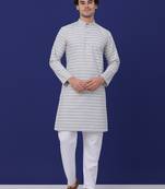 Men grey cotton striped kurta with pyjamas
