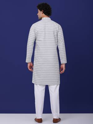 Men grey cotton striped kurta with pyjamas 3