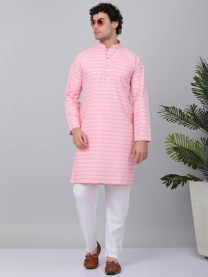 Men pink cotton striped kurta with pyjamas 1
