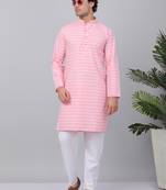 Men pink cotton striped kurta with pyjamas