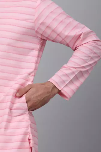 Men pink cotton striped kurta with pyjamas