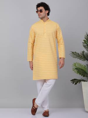 Men yellow cotton striped kurta with pyjamas 1