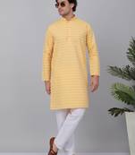 Men yellow cotton striped kurta with pyjamas