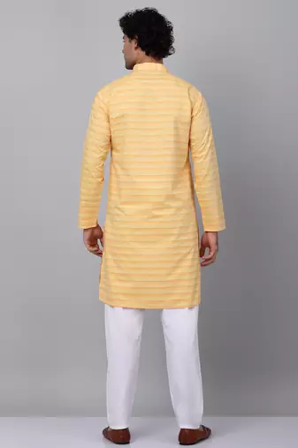 Men yellow cotton striped kurta with pyjamas
