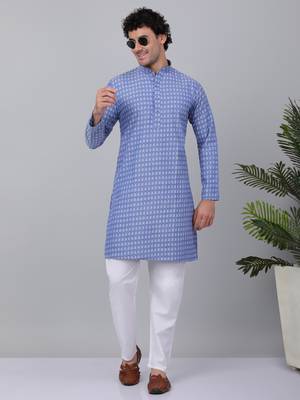 Men blue cotton woven kurta with pyjamas 1