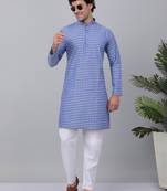 Men blue cotton woven kurta with pyjamas