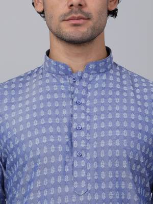 Men blue cotton woven kurta with pyjamas 2