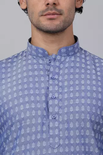 Men blue cotton woven kurta with pyjamas