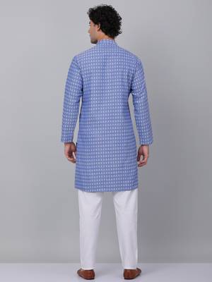 Men blue cotton woven kurta with pyjamas 3
