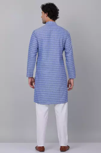 Men blue cotton woven kurta with pyjamas