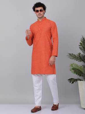 Men maroon cotton woven kurta with pyjamas 1