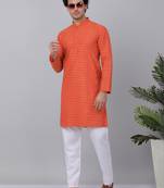 Men maroon cotton woven kurta with pyjamas