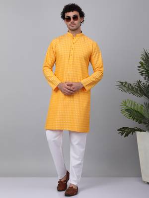 Men yellow cotton woven kurta with pyjamas 1