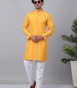 Men yellow cotton woven kurta with pyjamas