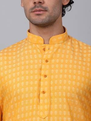 Men yellow cotton woven kurta with pyjamas 2