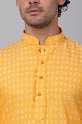 Men yellow cotton woven kurta with pyjamas