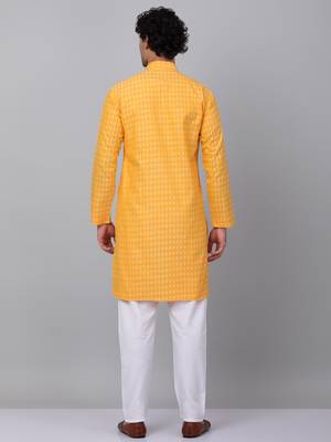 Men yellow cotton woven kurta with pyjamas 3