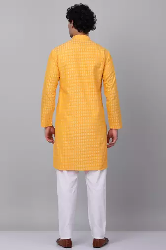 Men yellow cotton woven kurta with pyjamas