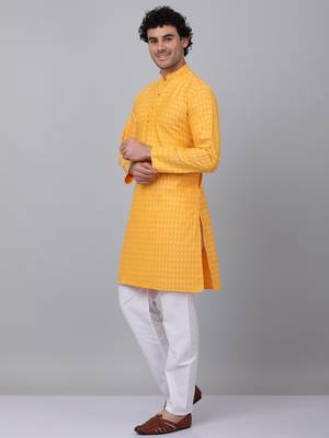 Men yellow cotton woven kurta with pyjamas 4