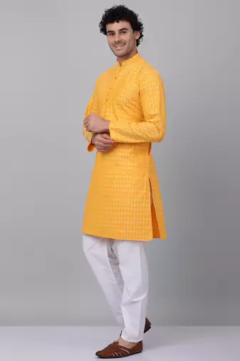 Men yellow cotton woven kurta with pyjamas